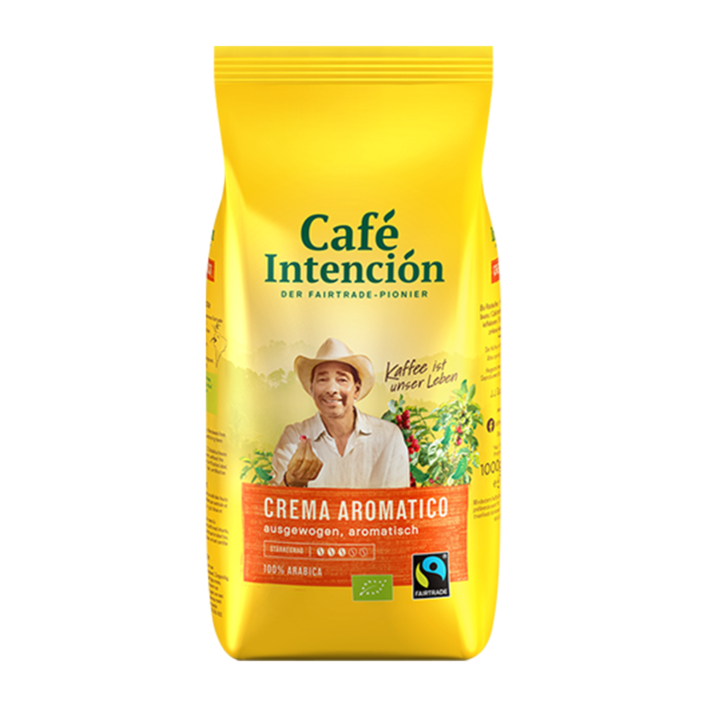Afbeelding van Café Intención Filter Aromatic: de verpakking benadrukt de biologische en Fairtrade-certificering, ideaal om de duurzaamheid en kwaliteit van het product te illustreren.