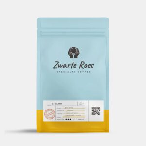 Verpakking van Zwarte Roes - Ethiopië Sidamo koffiebonen, single origin koffie met bloemige en citrusachtige smaaktonen.